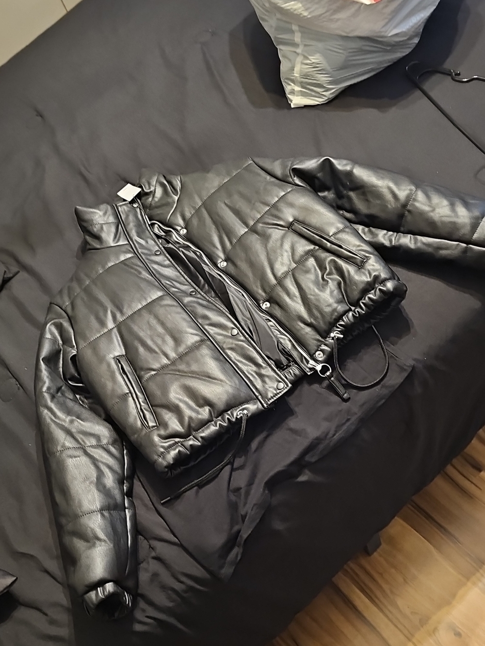 Vigoss Black Quilted Faux-Leather Puffer Jacket